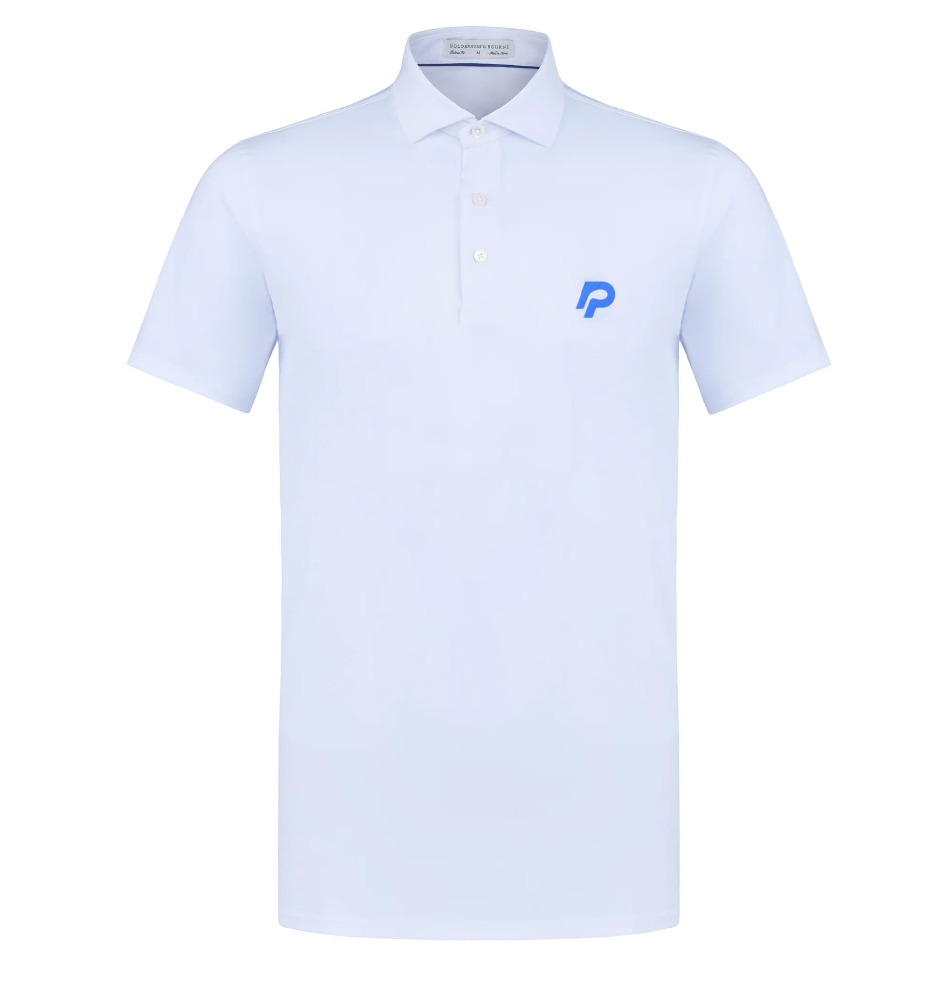 Press Tracker golf polo: white performance polo with the blue P logo on the chest