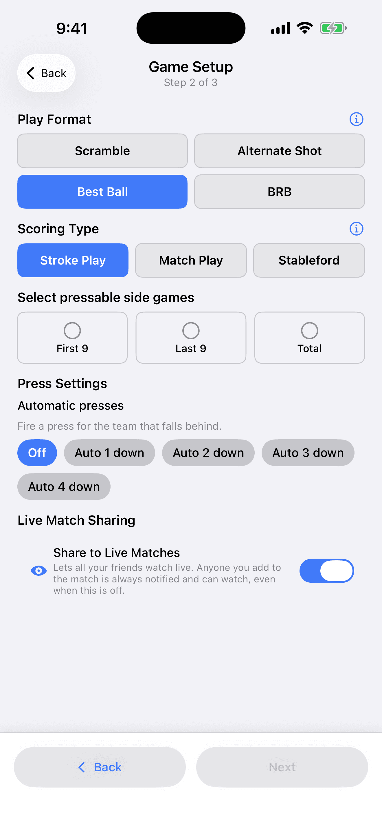 The Press Tracker Game Setup step: play format, scoring type, the pressable First 9, Last 9 and Total games, and the automatic press options