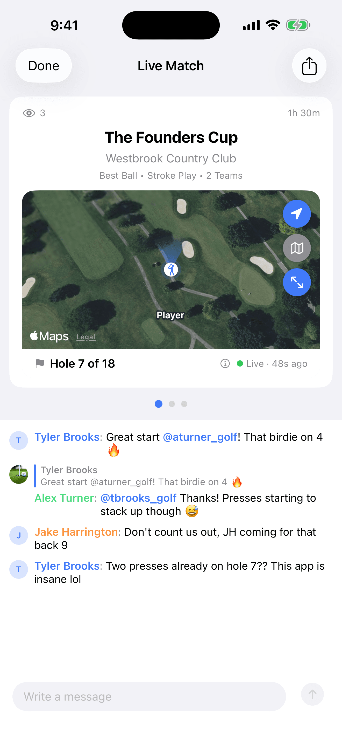 Following a live Press Tracker match: the course map with the group on hole 7 of 18 and friends chatting below