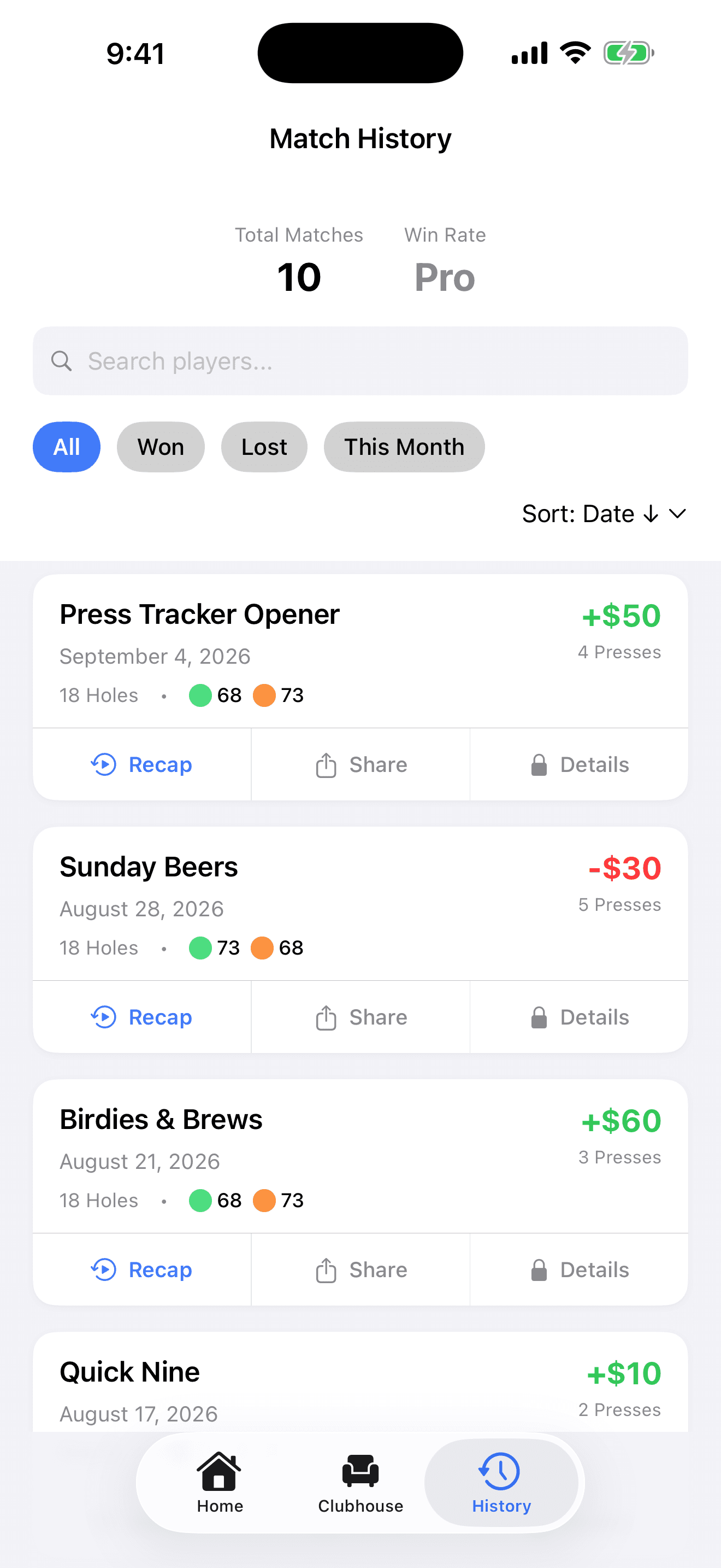 Press Tracker match history: each round with its result and its press count