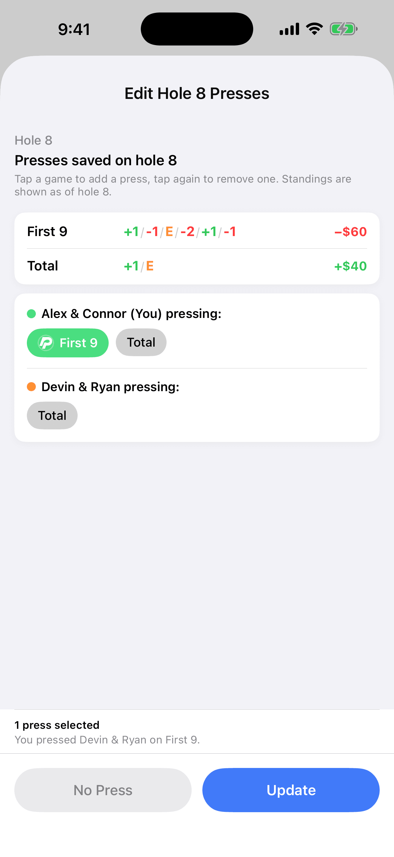 The presses on hole 8 in Press Tracker: standings for each game and the games each team can press with one tap