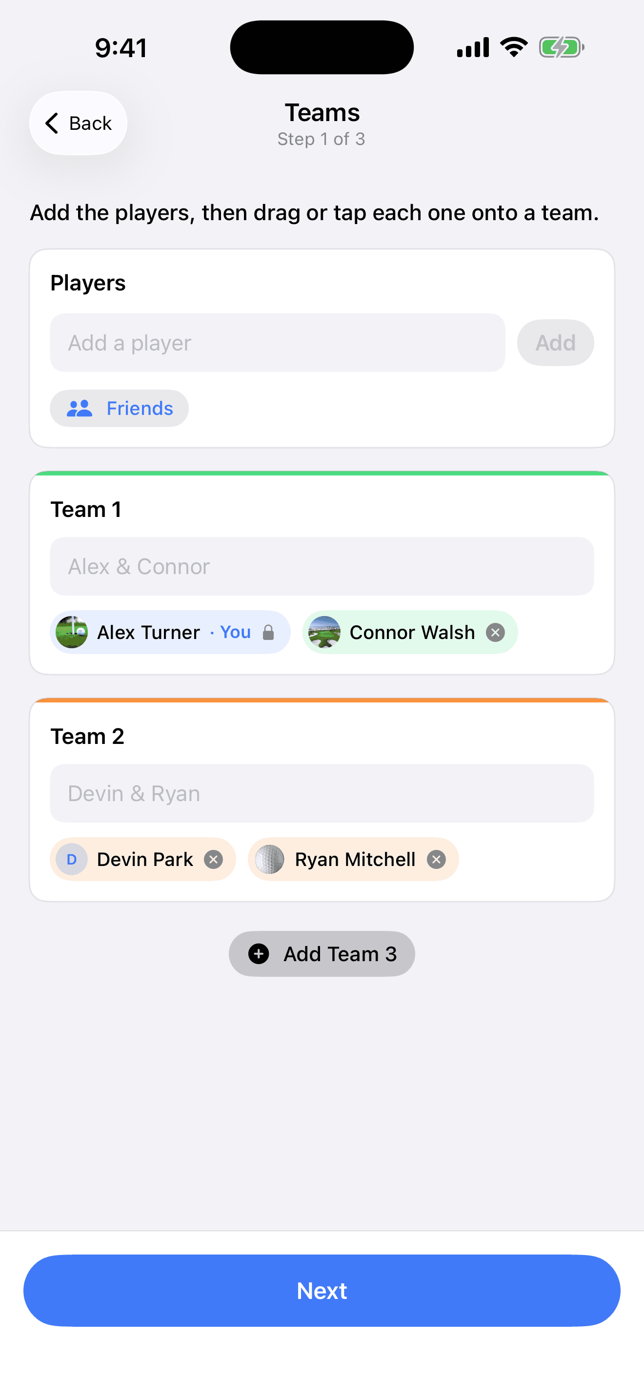 The Press Tracker Teams step with two golfers on Team 1, two on Team 2, and an Add Team 3 button