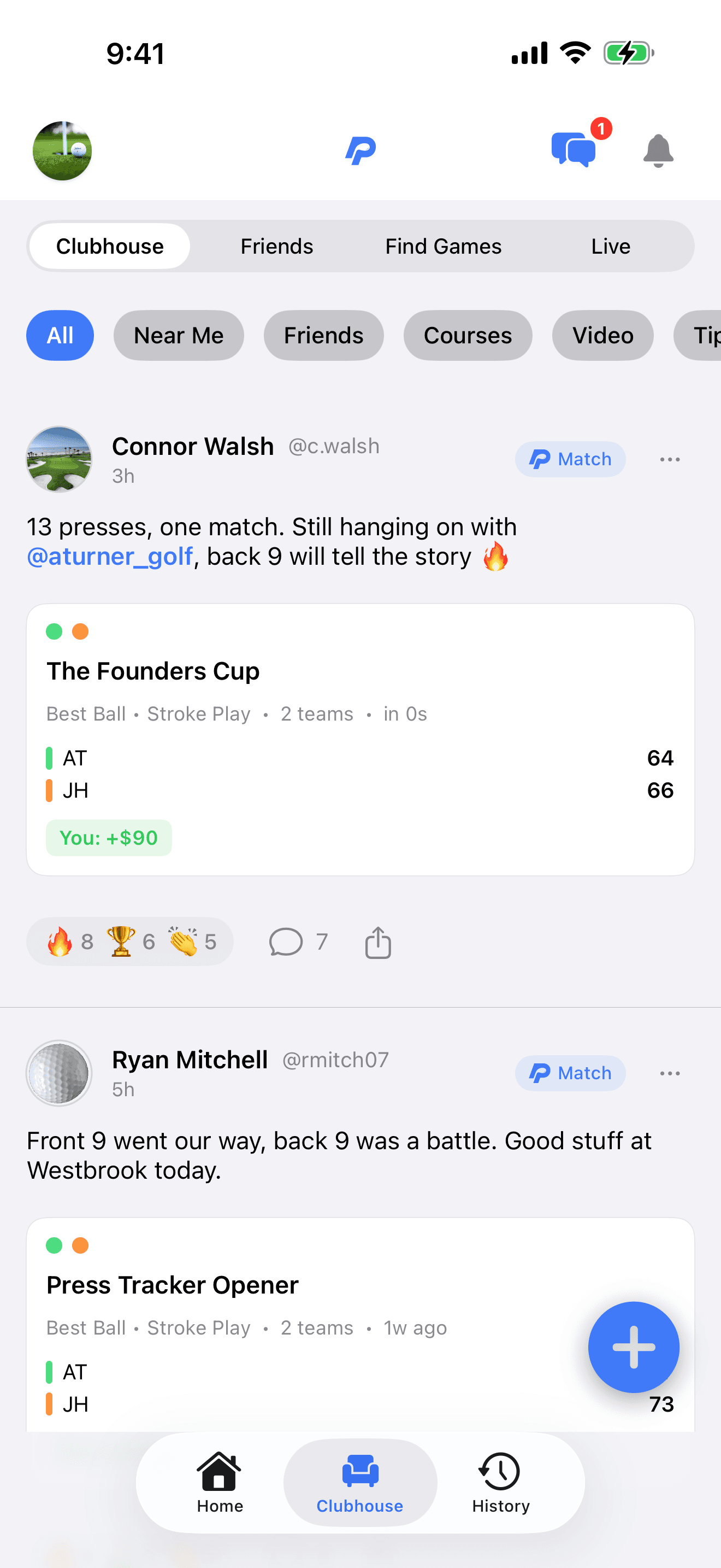 The Press Tracker Clubhouse feed with finished matches posted for friends, with reactions and comments