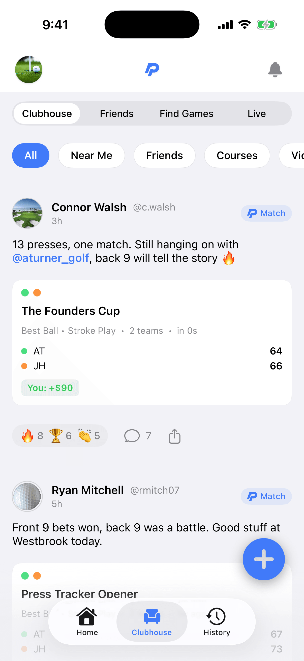 The Press Tracker clubhouse feed with a 13-press match post, reactions, and comments