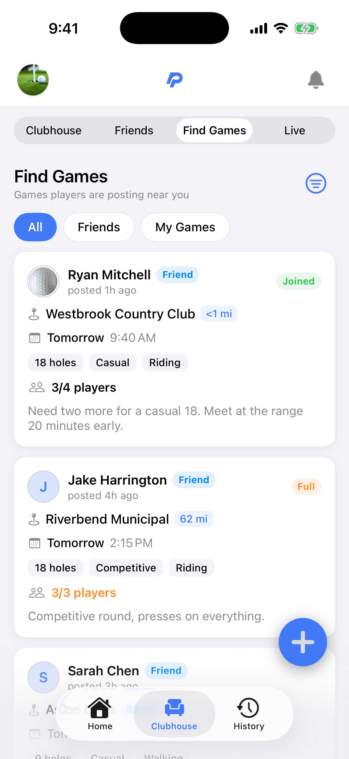 The Press Tracker Find Games board with players posting open tee times nearby