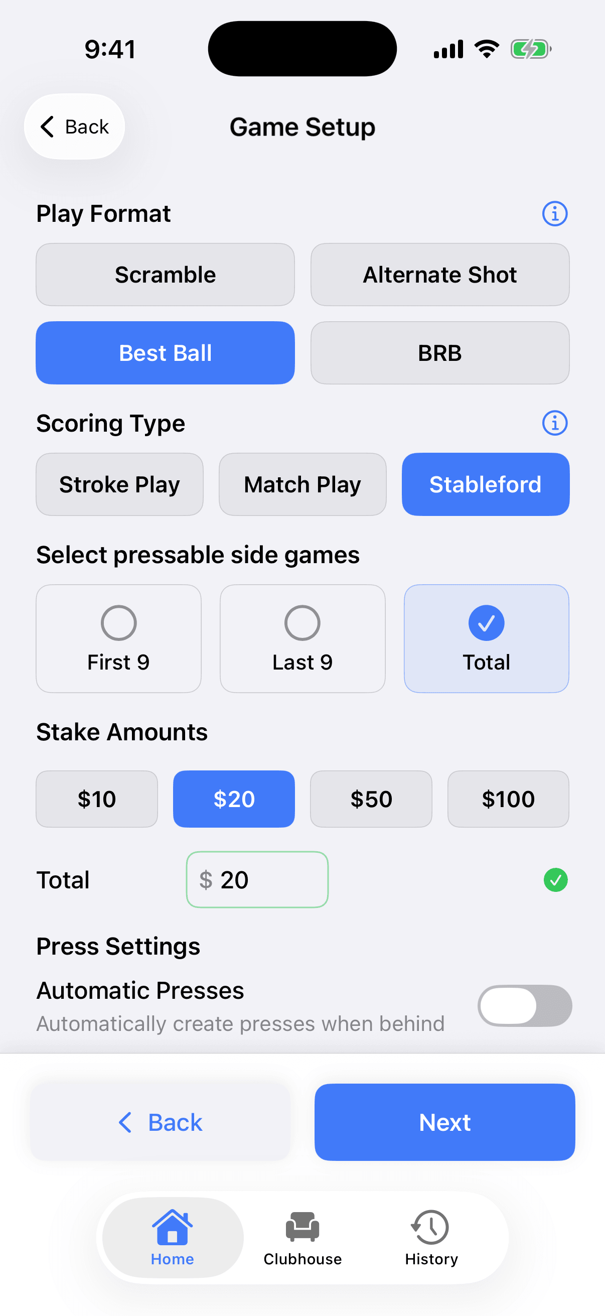The Press Tracker game setup screen with play format, scoring type, pressable side games, stakes, and the automatic presses toggle