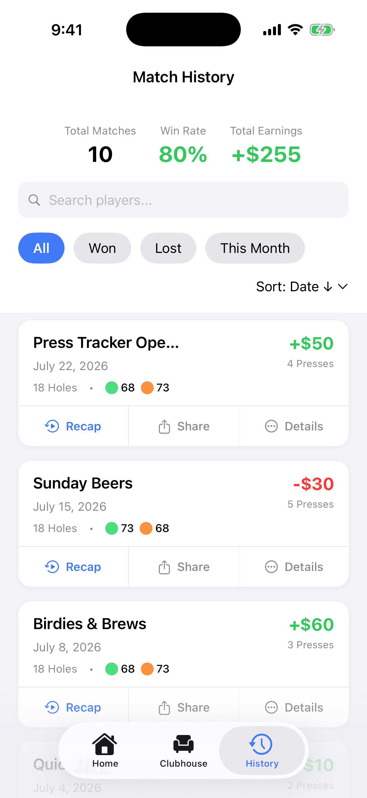 Press Tracker match history with results, net earnings, and press counts per round