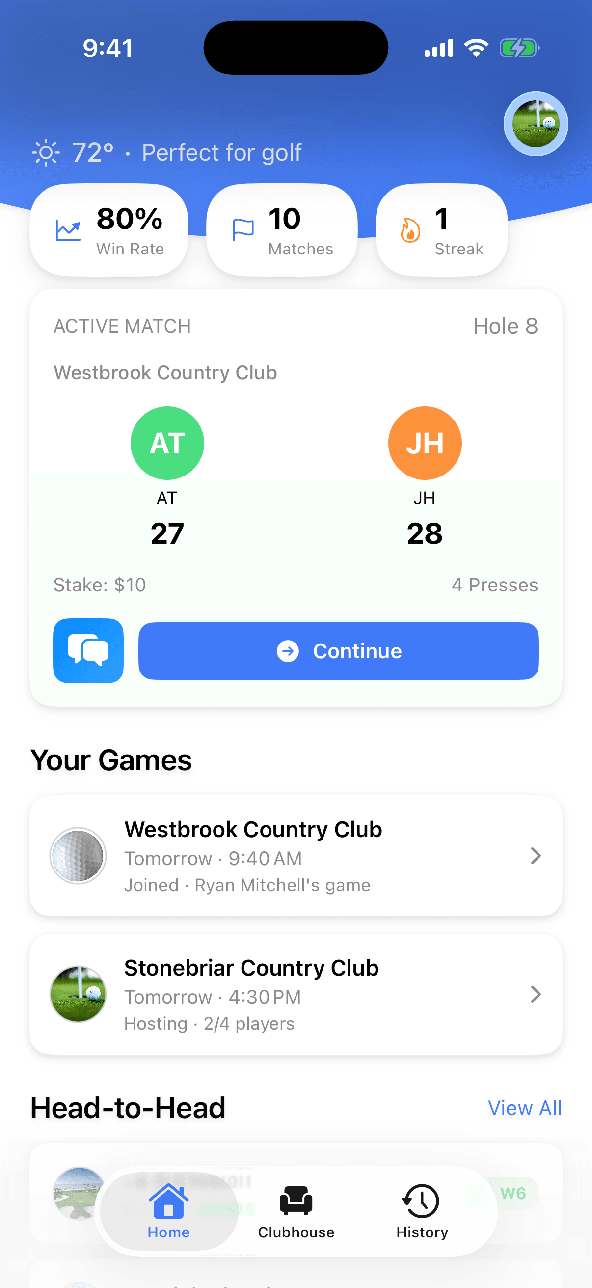 The Press Tracker home screen with a live match at hole 8, four active presses, and head-to-head records