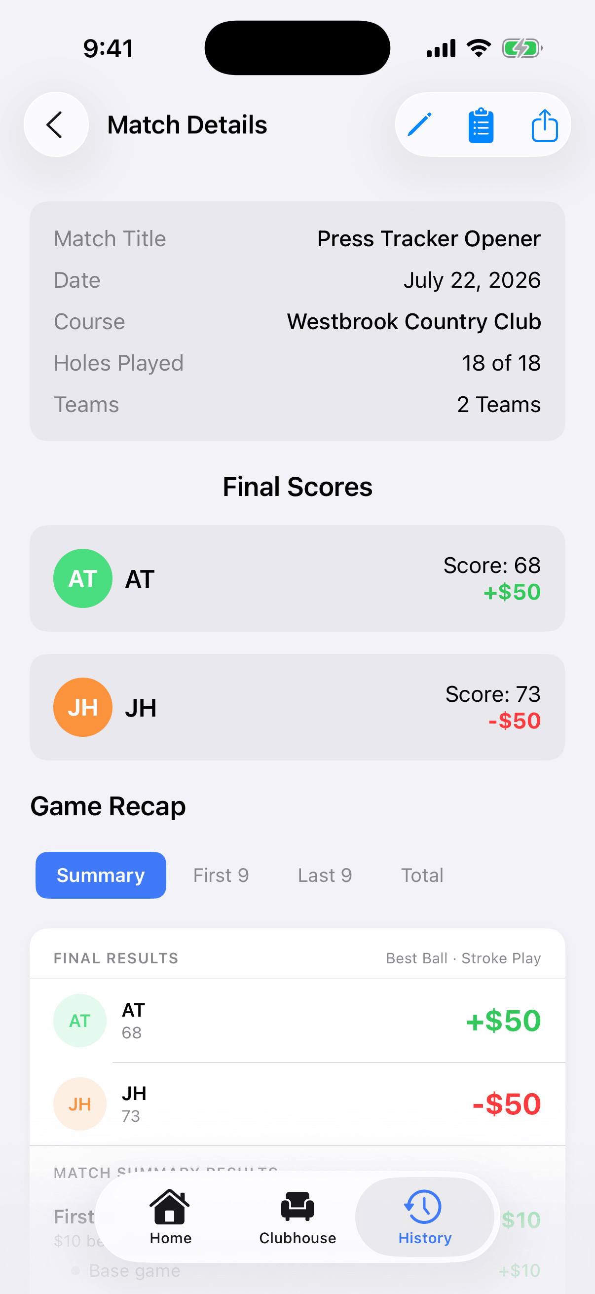 Final scores of a completed Press Tracker match with per-team earnings