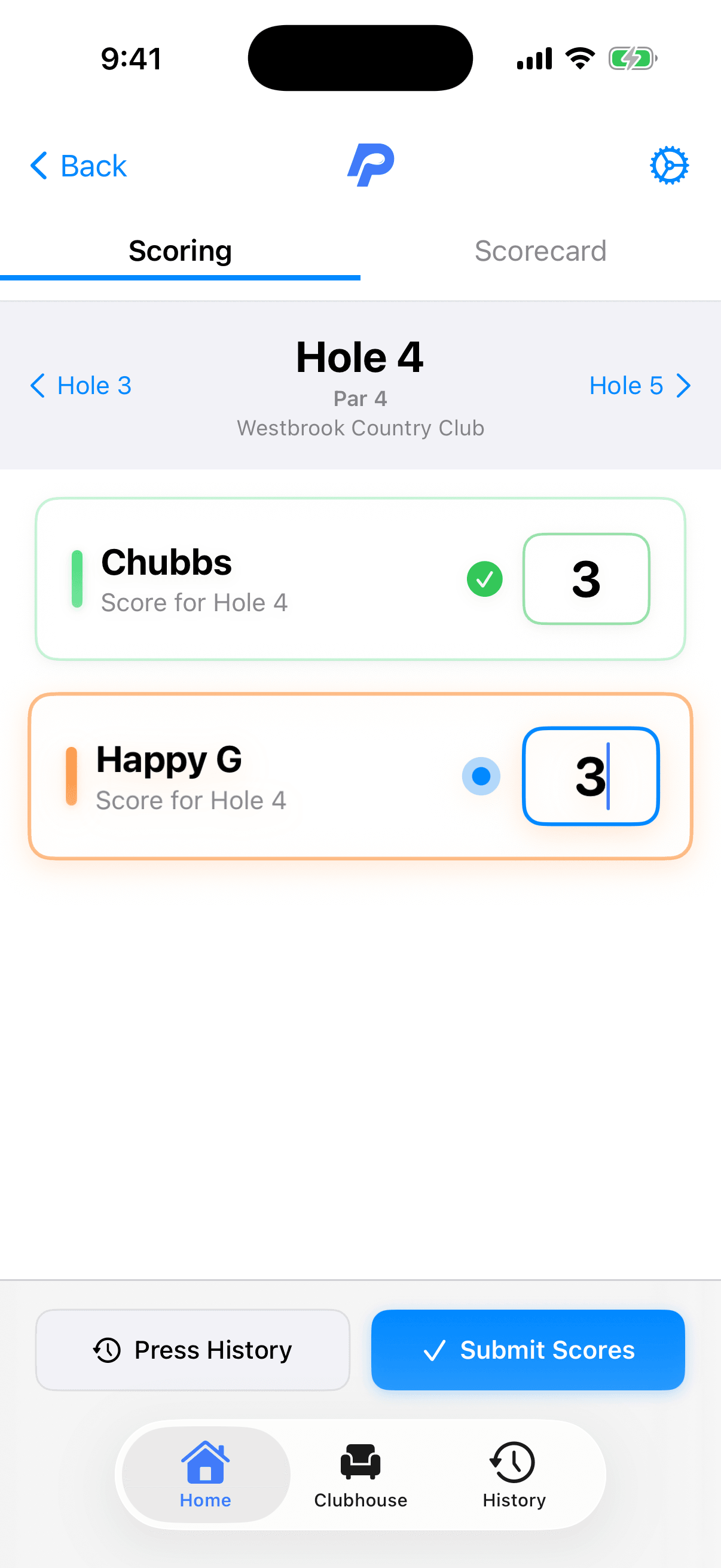 Scoring hole 8 in Press Tracker, one score card per team with instant validation