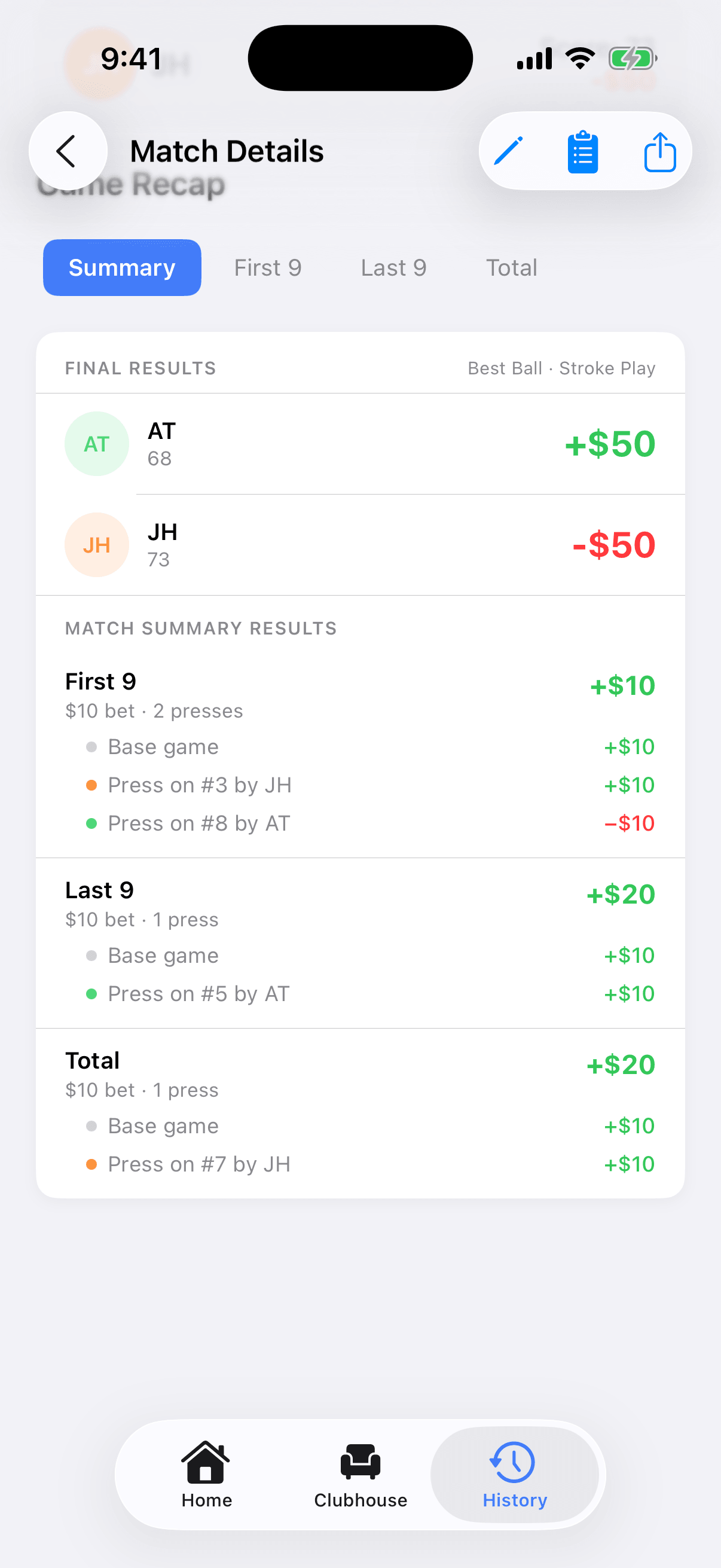 A settled Press Tracker match with every press itemized per game and final earnings per team