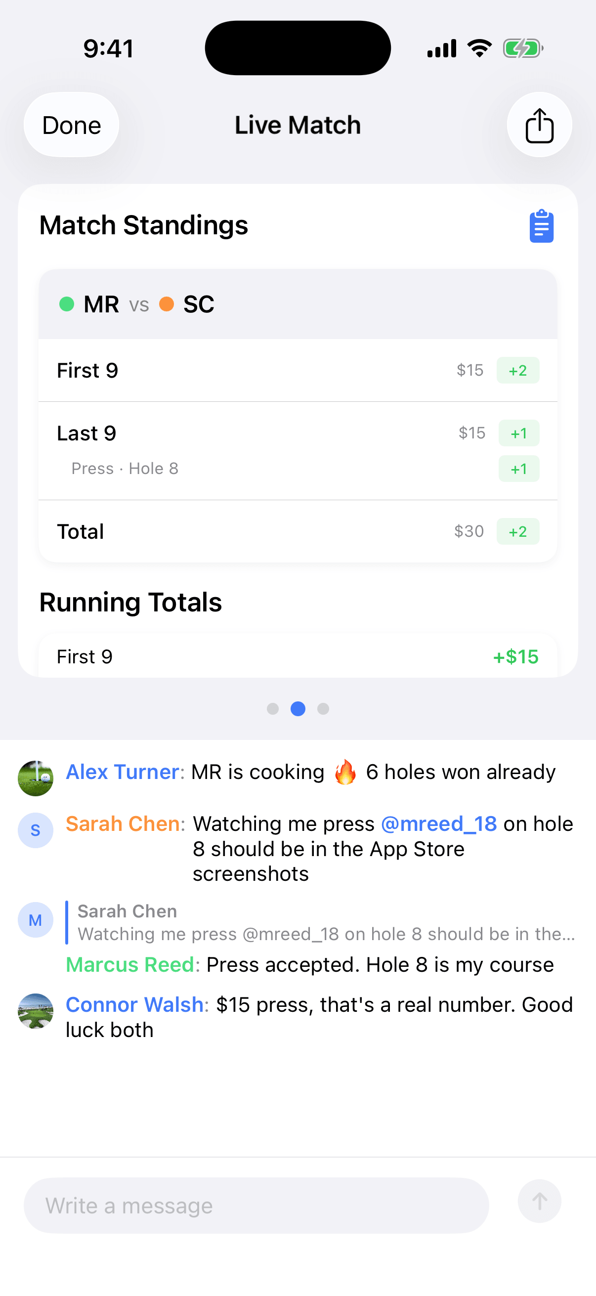 Spectating a live Press Tracker match with standings, press chains, running totals, and live chat